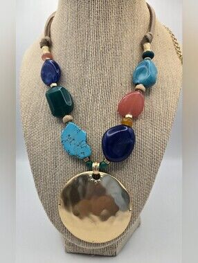 Chico's Multicolor Stone Necklace Hammered Gold Disc Suede Boho Artisan Bold